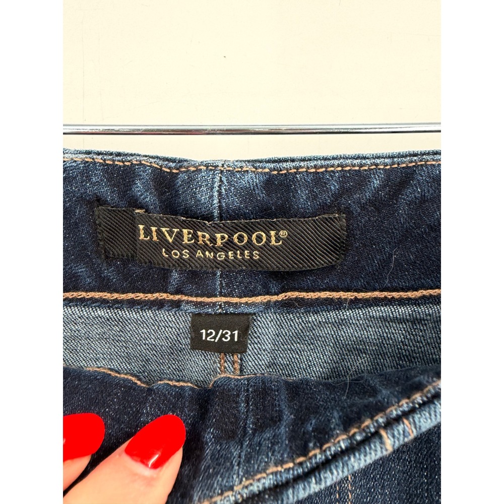 Liverpool Denim Mini Skirt Womens 12‎ Dark Wash Pull On Raw Hem Boho Casual - Picture 2 of 9